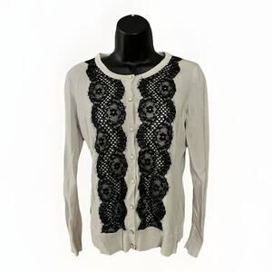 New York & Company Women’s Medium White Cardigan Black Lace Detail Button Front